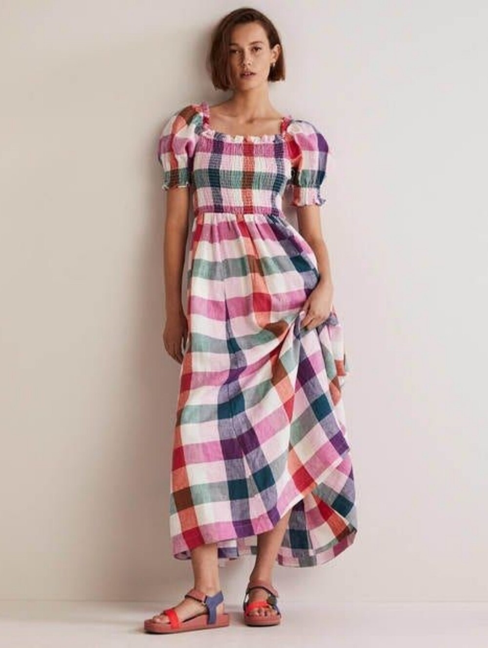 Boden Sky Smocked Linen Midi Dress Multicolor Gingham 6P Petite